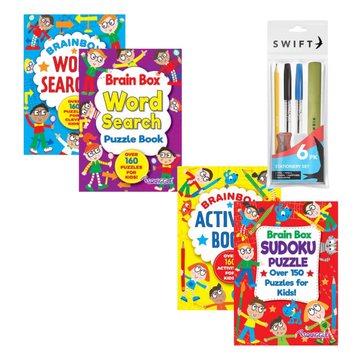 Squiggle Brainbox Bundle: A6 Puzzle Book Set with Handy Stationery Kit – 4 Books, 600+ Puzzles – Perfect for Kids & Adults