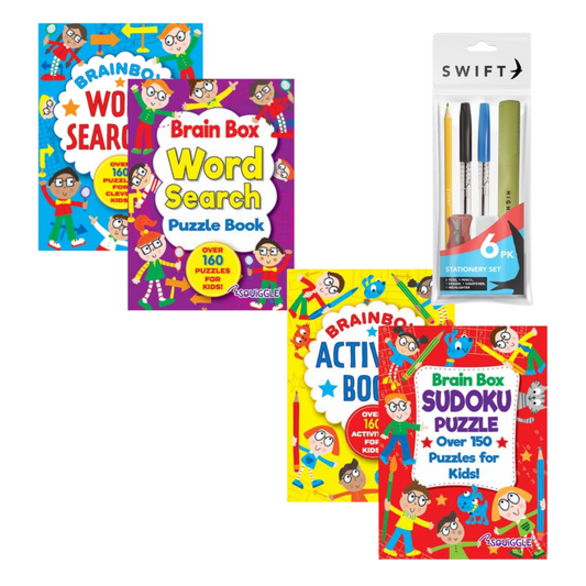 Squiggle Brainbox Bundle: A6 Puzzle Book Set with Handy Stationery Kit – 4 Books, 600+ Puzzles – Perfect for Kids & Adults