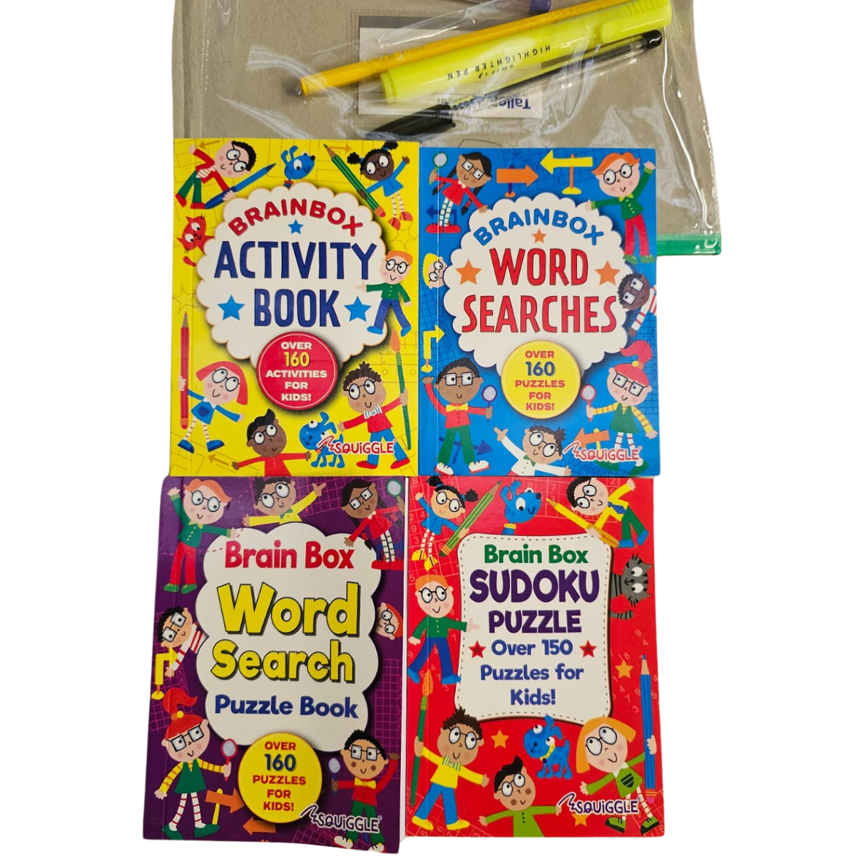 Squiggle Brainbox Bundle: A6 Puzzle Book Set with Handy Stationery Kit – 4 Books, 600+ Puzzles – Perfect for Kids & Adults