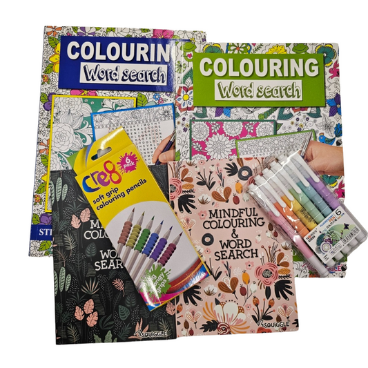 Bundle - Colouring Wordsearch - 4 books plus Soft Grip Colouring Pencils and Candy Colour pack of 6 Double Sided Highlighters