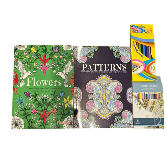 Bundle - Adult Colouring - Flowers and Patterns - 2 updated books plus pens and pencils