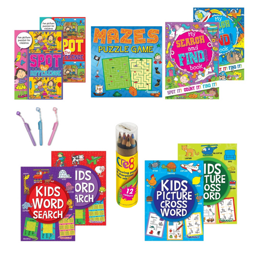 Kids Puzzle Variety Bundle - 5 books plus stationery in a handy plastic wallet