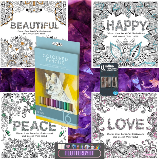 Peace, Love, Happy and Beautiful Mindful Colouring Bundle - 4 Books plus Pencils and Sharpeners in Wallet - perfect Gift