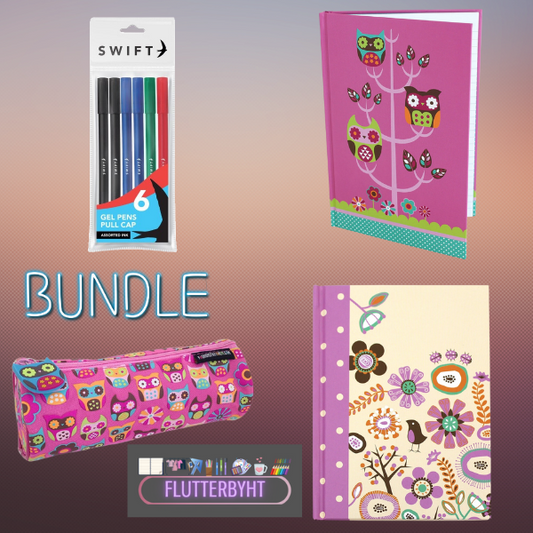 Owl Stationery Bundle - Pencil case, A5 lined Notebook, A6 dot grid notebook and 6 Gel Pens