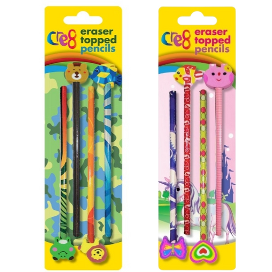 Eraser Topped Pencils 4pk set - choose Pink or Blue