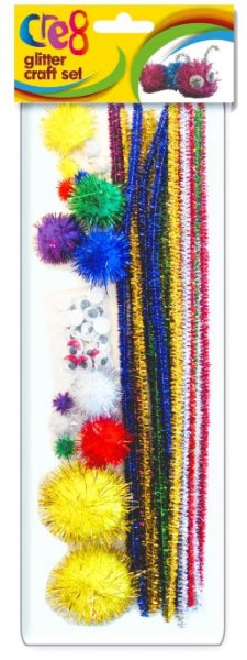 Cre8 Glitter Craft Set with Sparkly Pipe Cleaners, Pom Poms, and Wobbly Eyes in Gold, Silver, Blue, Purple, and Green