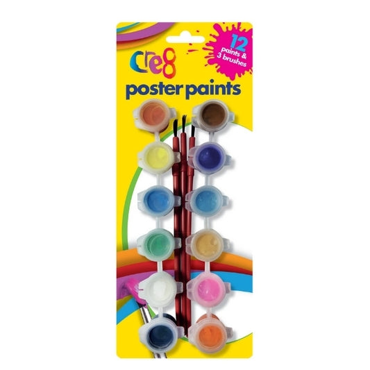 Poster Paints, 12 Colours and 3 Brushes