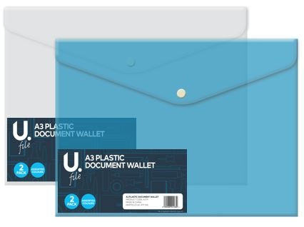 A3 Plastic Document Wallet - pack of 2