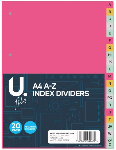 A4 A-Z Index Dividers Assorted Colours - Filing Organisation
