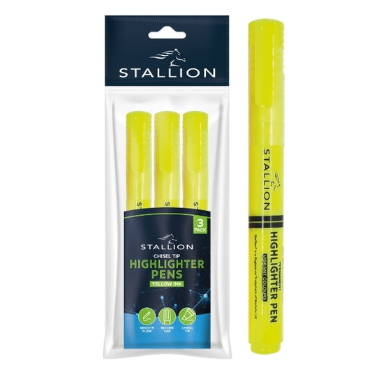 Stallion Highlighters - pack of 3 Yellow, home school or work