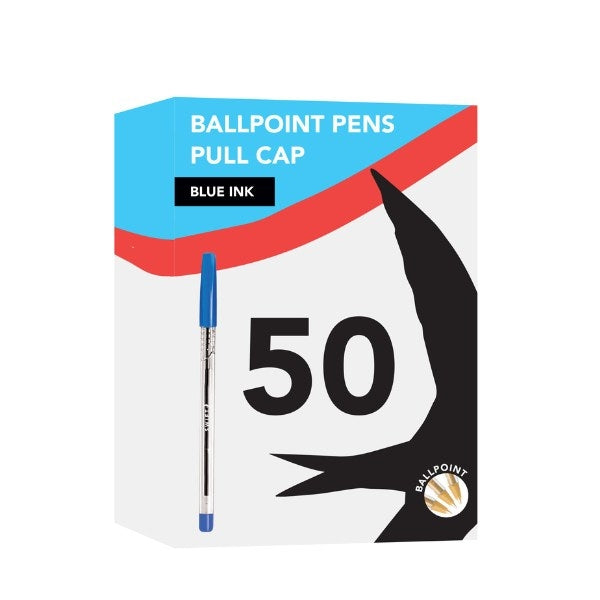 Box of 50 Ballpoint pens - pull cap - Black or blue ink