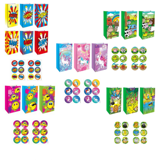 Party Gift bags with stickers - sets of 12 - Various Designs - Unicorn, Smiley faces, Jungle, Farm and Superhero